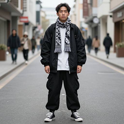 Photograph of an Asian man with short black hair, wearing a black jacket, white shirt, black pants, patterned scarf, and white sneakers,
