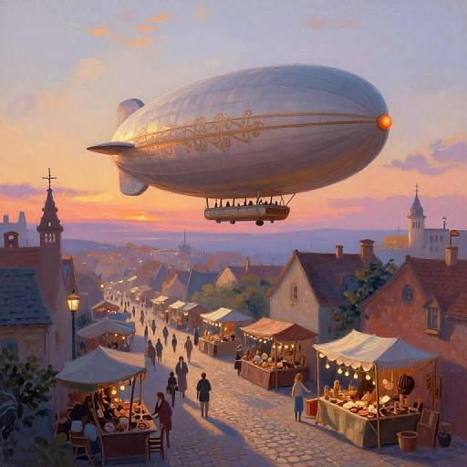 Digital painting of a sunset town market with an airship floating above, people walking, and market stalls lit by warm lamps.