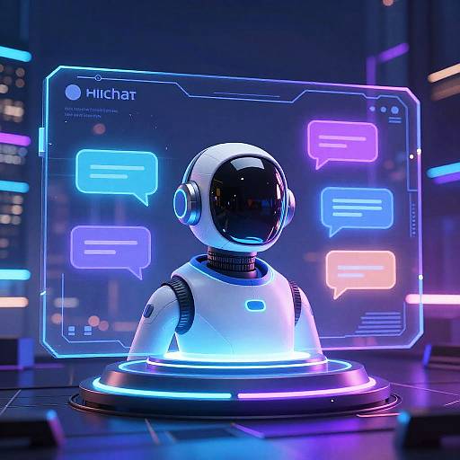 CGI image of a futuristic, glowing blue and neon purple humanoid robot with a black visor, standing in front of a digital screen displaying colorful chat