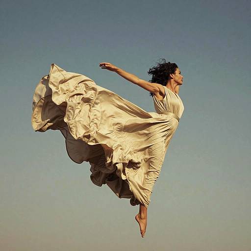 Photograph of a woman with dark curly hair in a flowing white dress, mid-air, arms outstretched, against a clear blue sky.