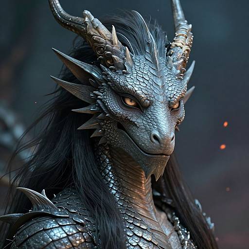 CGI dragon portrait with detailed, metallic blue-scaled skin, sharp horns, intense orange eyes, and long black hair. Dark, smoky background