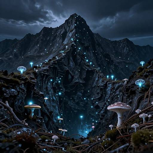 Fantasy night scene: Glowing mushrooms dot rocky, mountainous landscape under a stormy sky, with blue bioluminescent lights tracing the peaks