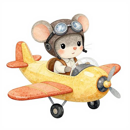 Cute digital illustration of a mouse pilot wearing aviator goggles and brown leather jacket, flying a yellow and orange vintage airplane.