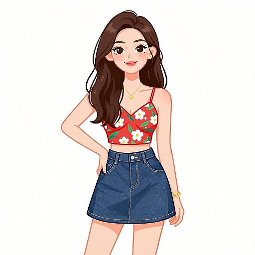 Digital illustration of a smiling young woman with long brown hair, wearing a red floral crop top, high-waisted blue denim skirt, and gold accessories