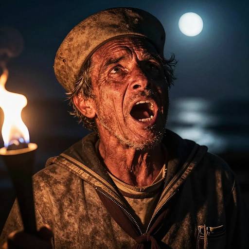 Old Screaming Sailor with Torch at Night
