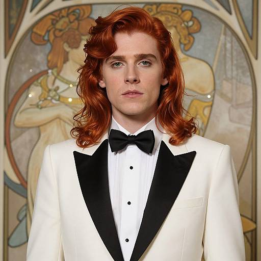 Photograph of a young man with long, wavy red hair, wearing a white tuxedo with black lapels and bowtie, standing in