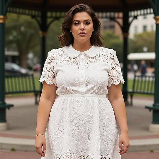 Elegant Woman in White Eyelet Dress