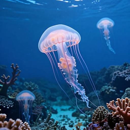 Photograph of glowing blue jellyfish with translucent, flowing tentacles above a vibrant coral reef underwater, illuminated by natural light.