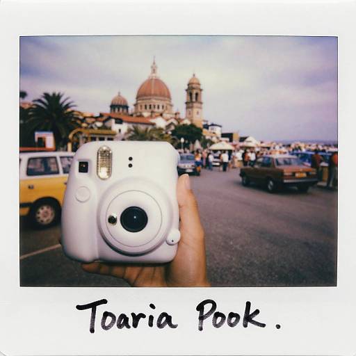 Photograph of a white compact camera in focus, foreground, with San Francisco's City Hall dome and crowded street in the blurred background. Text reads 