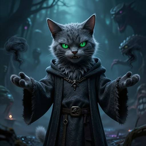 Digital artwork of a glowing green-eyed, gray-furred cat in a dark, tattered robe, standing in a mystical, foggy forest with eerie