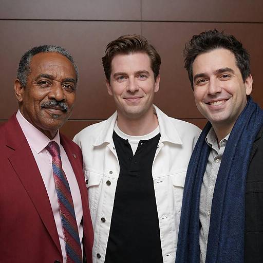 Three Men Smiling Against Tiled Wall