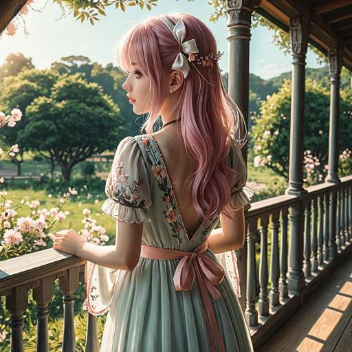 Anime Girl in Floral Chiffon Dress on Sunlit Veranda