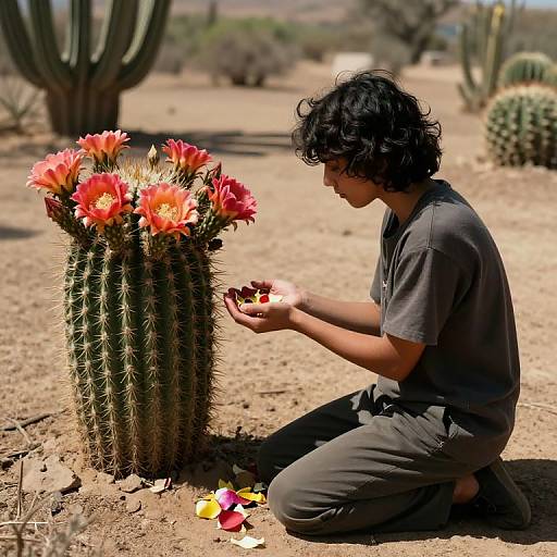 Photograph of a curly-haired man in gray clothes kneeling beside a blooming cactus with vibrant orange flowers in a desert landscape.