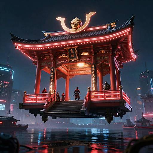 Neon-lit Floating Samurai Shrine in Cyberpunk Harbor