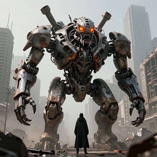 CGI digital artwork of a towering, menacing, metallic robot with glowing red eyes, standing in a foggy urban cityscape, facing a small,