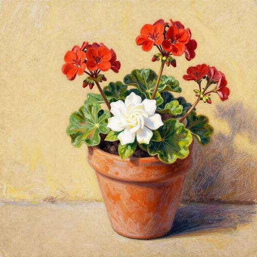 Red Geranium and White Gardenia in Terracotta Pot Painting