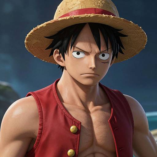 Digital art of anime character Monkey D. Luffy from One Piece, wearing a straw hat and red sleeveless vest, looking determined. Blue ocean background