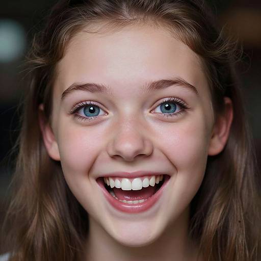 Close-up photograph of a young woman with fair skin, blue eyes, and brown hair, smiling widely, showing straight white teeth, against a dark blurred