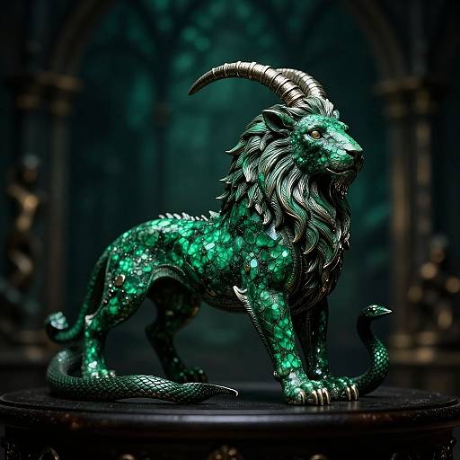 Photorealistic digital artwork of a luminous, green, dragon-like creature with metallic horns and scales, standing on a dark circular platform.