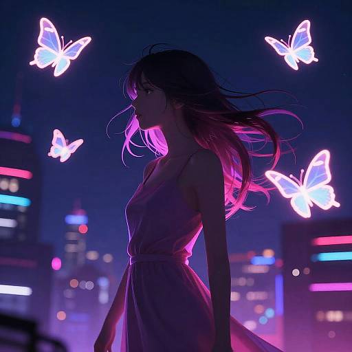 Neon Silhouette Girl with Butterflies