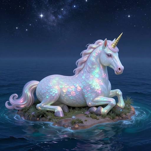 Digital artwork of a glowing, white, unicorn with iridescent scales, lying on a small grassy island in a starlit ocean.