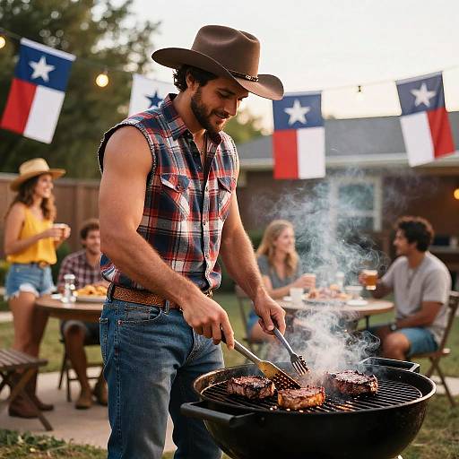 Photograph of a bearded man in a plaid shirt and cowboy hat grilling burgers outdoors, with Texas flag bunting and friends seated in the