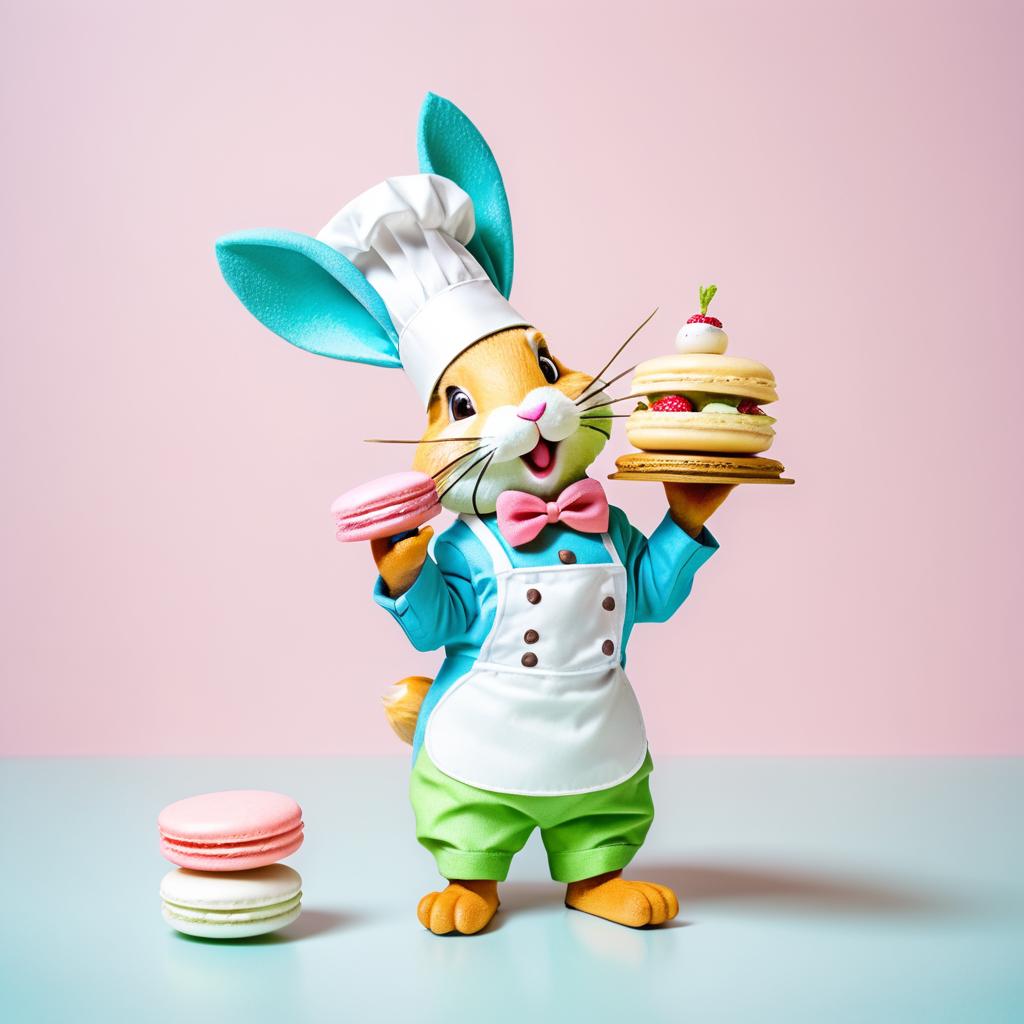 Whimsical Chef Rabbit Enjoying Macarons