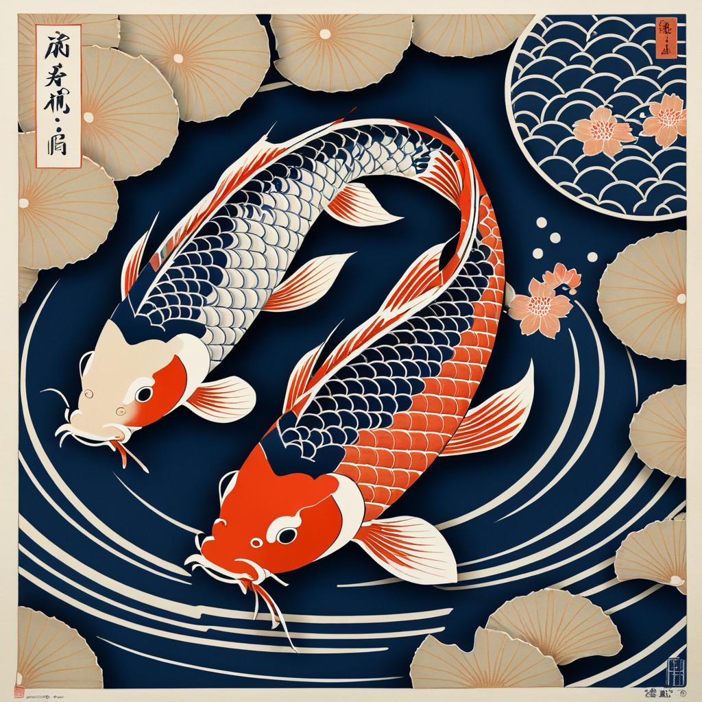 Ukiyo-e Koi Fish Print in Utamaro Style