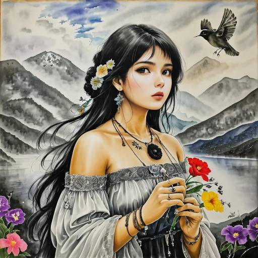 Portrait of Woman with Flowers in Traditional Attire