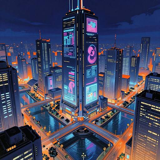 Neon-lit, futuristic cityscape photograph showcasing a central skyscraper with vibrant digital advertisements, surrounded by illuminated buildings and busy streets, reflecting off a
