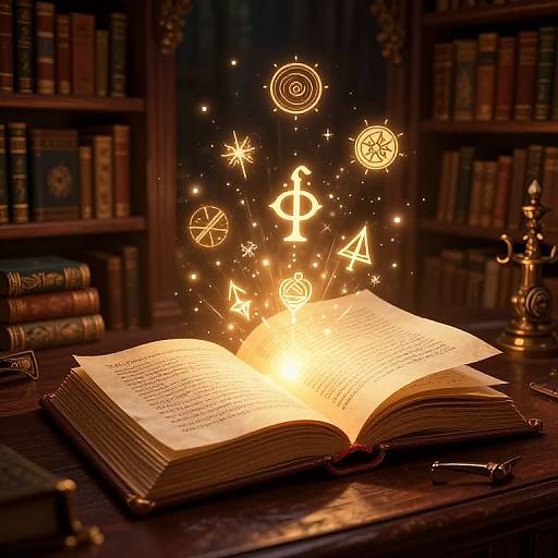 Photograph of an open book on a wooden table, glowing magical symbols and runes rising from its pages, surrounded by dark, book-filled library shelves.