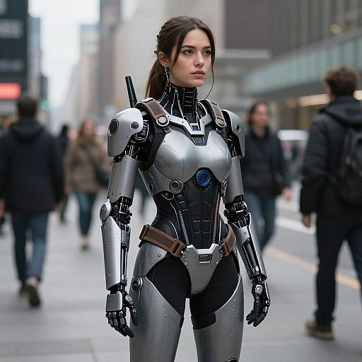 Photorealistic CGI: Young woman with dark hair in futuristic metallic armor stands confidently in a busy city street, blurred pedestrians in background.