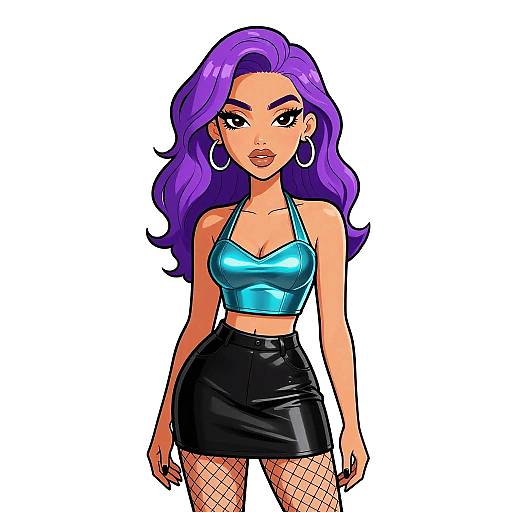 Digital illustration of a confident woman with vibrant purple hair, wearing a shiny blue crop top, black leather skirt, fishnet stockings, and large hoop earrings