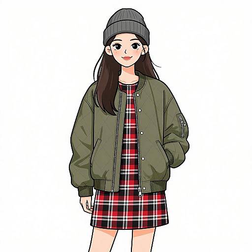 Anime-style digital drawing of a smiling woman with long black hair, wearing a gray beanie, green bomber jacket, and red plaid dress.