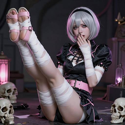 Distressed Woman Bound Amid Dark Skulls