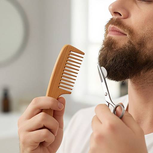 Man Grooming Dense Beard with Tools