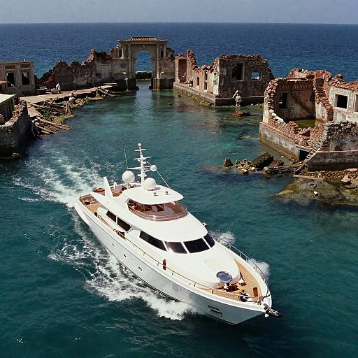 Photograph of a sleek white yacht navigating through clear blue water, surrounded by ancient, weathered ruins with an archway in the background.