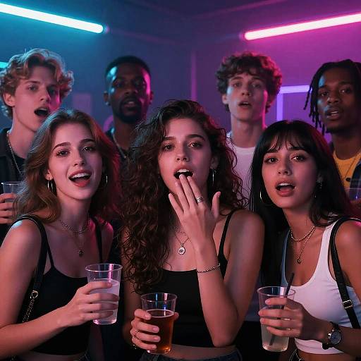 Photograph of diverse group of young adults, three women in front with drinks, surprised expressions, colorful neon lights in background.