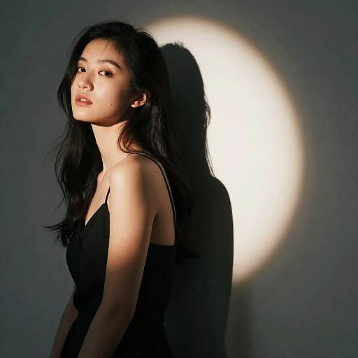 Photograph of an Asian woman with long black hair, wearing a black tank top, standing against a dark background with a bright circular light behind her,