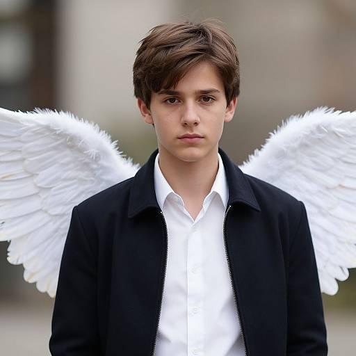 Photograph of a young boy with short brown hair, wearing a black jacket over a white shirt, and white angel wings, looking serious, with a