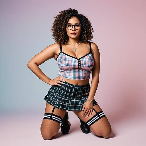 Fashionable woman in plaid crop top and mini skirt