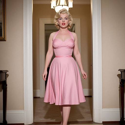 Photograph of a blonde woman with red lipstick, wearing a pink, vintage-style, sleeveless dress, standing in a doorway, under a lit ch