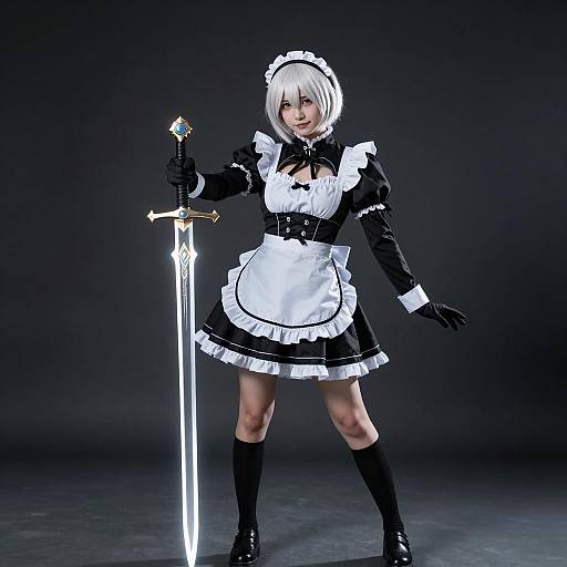 Cosplay Woman in Maid Costume with Glowing Sword