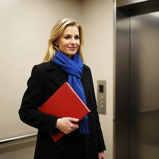Blonde Woman with Red Folder in Elevator