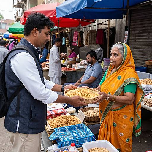 Photograph of Indian market: Young Indian man in white shirt and vest buys basket of peanuts from elderly woman in yellow sari, surrounded by colorful stalls