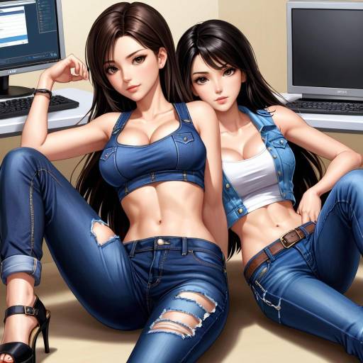 Two Women in Blue Tops and Jeans on Sofa