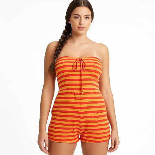 Photograph of a young woman with long dark hair in a braid, wearing a strapless, orange and red striped romper with a tie front