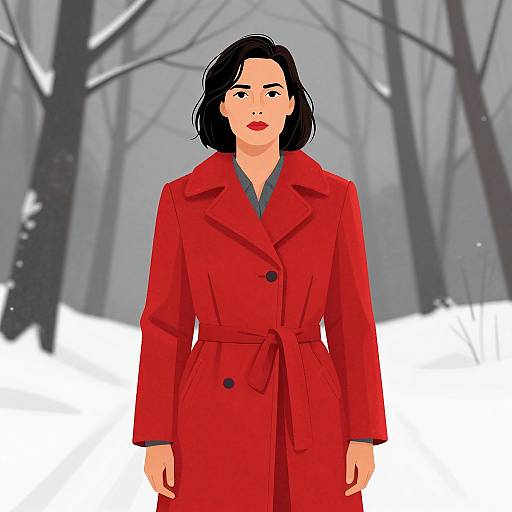 Digital illustration of a woman with short black hair, wearing a red coat, standing in a snowy, foggy forest.