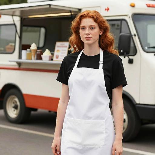Photograph of a red-haired woman with fair skin wearing a black shirt and white apron, standing in front of a food truck on a street.