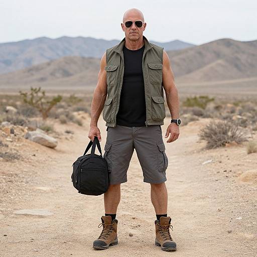 Muscular bald man in sunglasses, olive vest, black tank, gray shorts, brown boots, holding black bag, desert backdrop, mountains. Photograph.